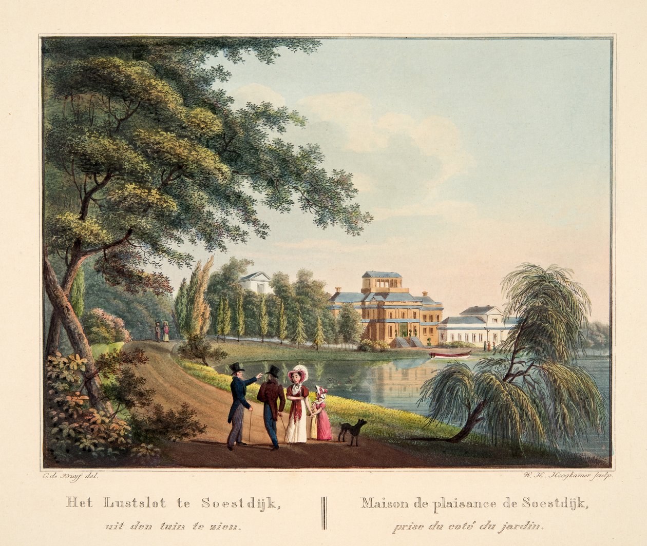 A Lustslot Soestdijkben, a kertből nézve. Maison de plaisance de Soestdijk prize du coté du jardin, 1825 (kézzel színezett metszet) alkotó: Cornelis de Kruyff