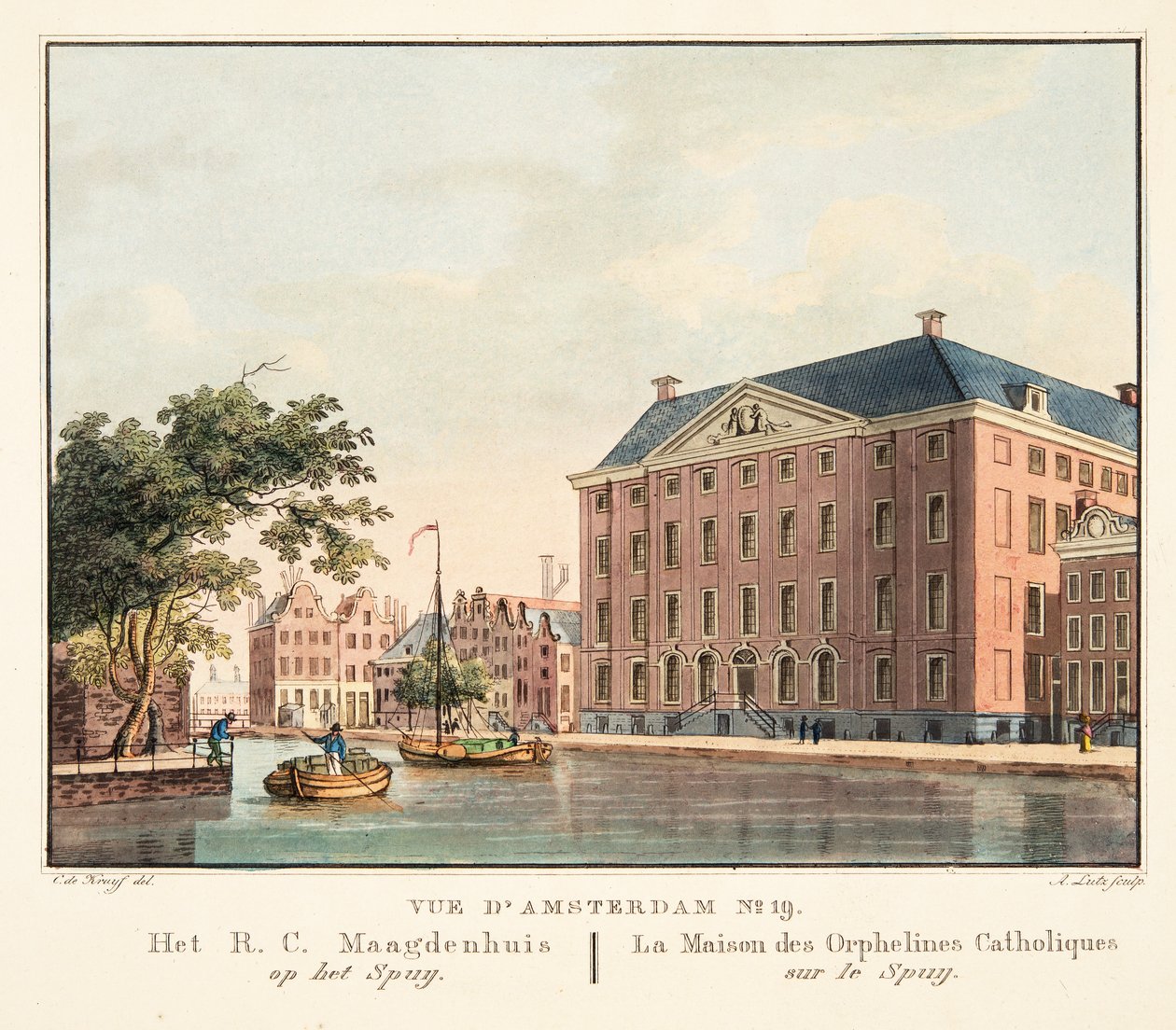 Amszterdam 19. sz. Het R.C. Maagdenhuis op het Spuij. Katolikus Árvák Háza a Spuijon, 1825 (kézzel színezett metszet) alkotó: Cornelis de Kruyff