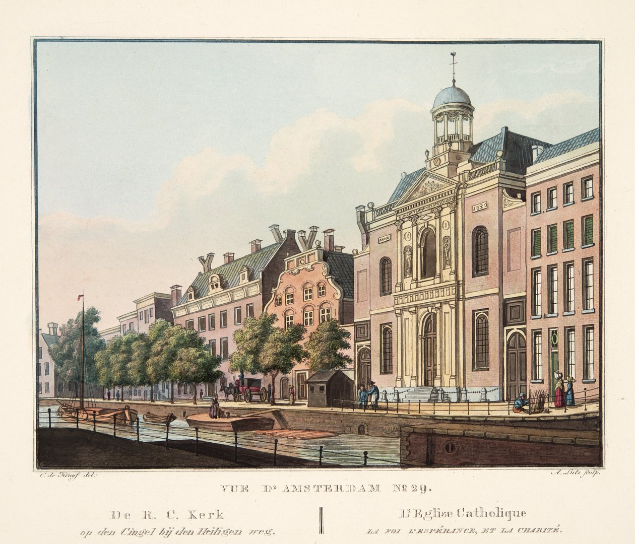 Amszterdam 29. sz. R.C. Kerk op den Cingel bij den Heiligen wegtől. A katolikus egyház hit, remény és szeretet, 1825 (kézzel színezett metszet) alkotó: Cornelis de Kruyff