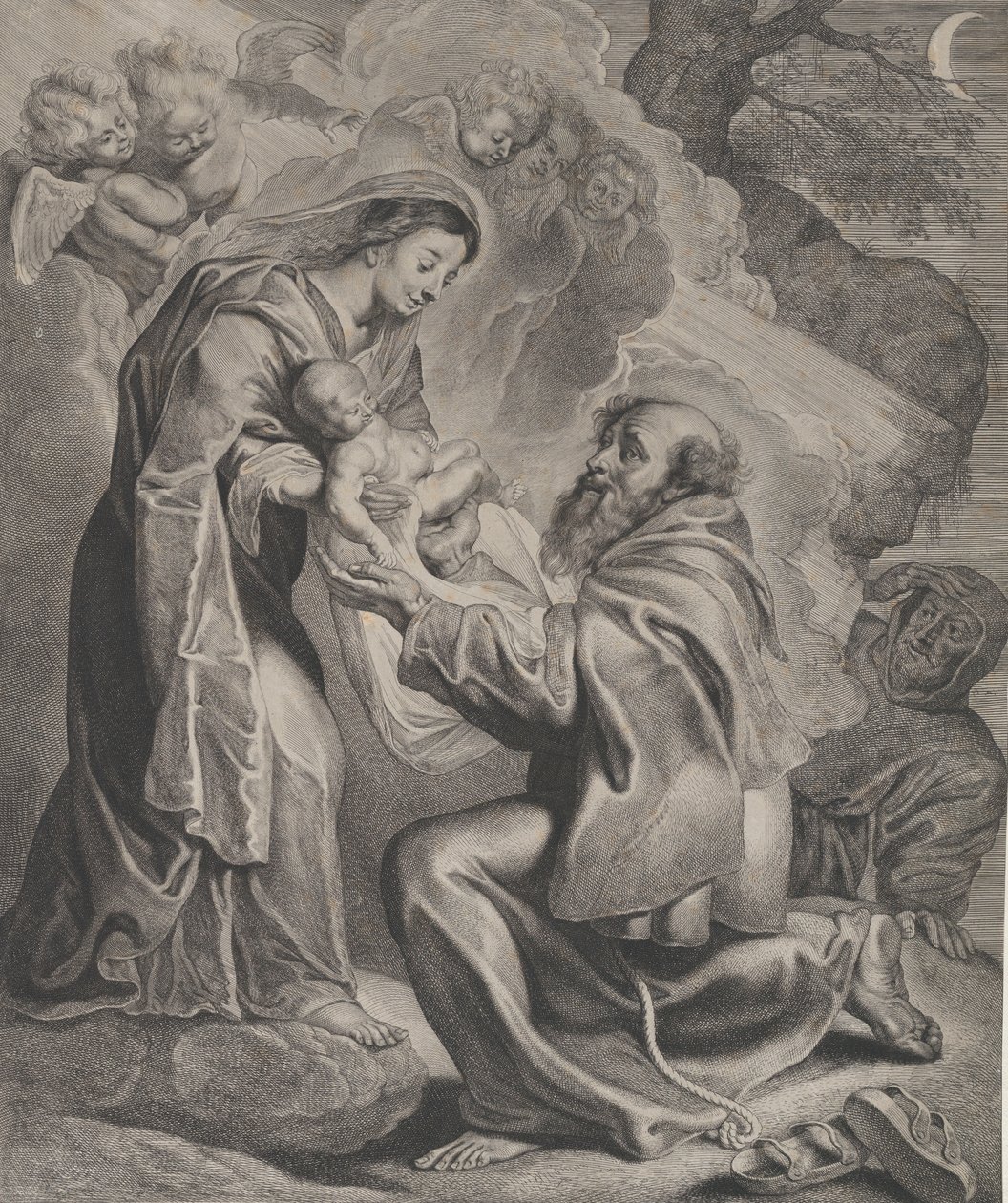 Szent Ferenc látomása, aki jobbra térdelve fogadja a Szűz Krisztus gyermekét..., 1650. alkotó: Cornelis de Visscher
