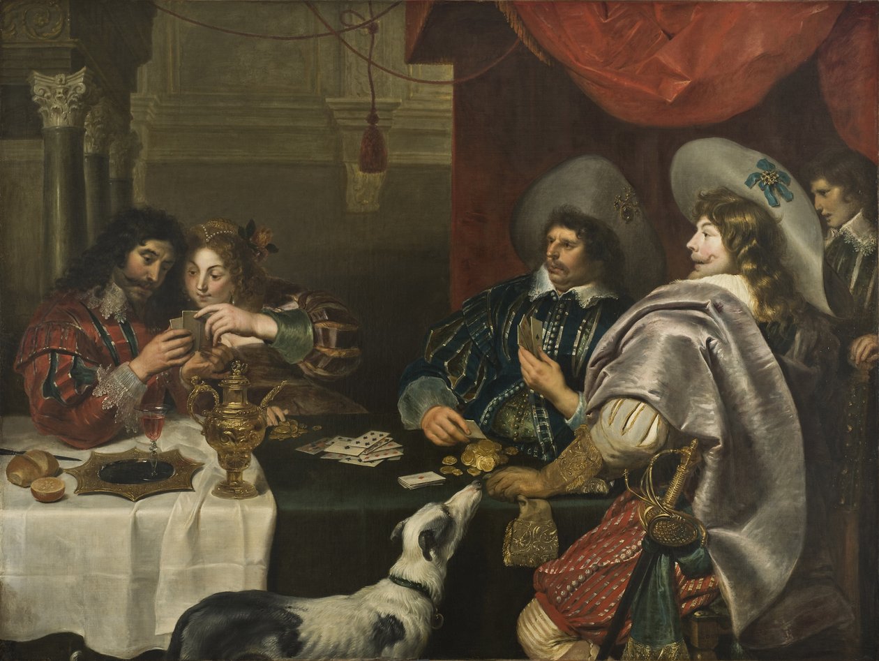 A kártyajáték – A kártyajáték, Vos, Cornelis de (1584-1651). Olajfestmény. Mérete: 171x228 cm. Nemzeti Múzeum Stockholm alkotó: Cornelis de Vos