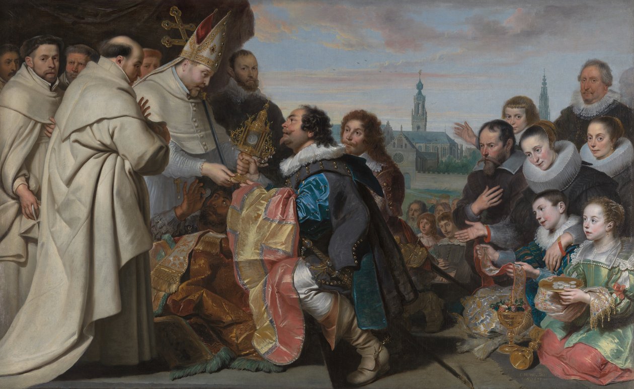 Az egyházi kincsek visszaszolgáltatása Szent Norbertnek az eretnek Tankelin legyőzése után, a Snoeck család portréjával. alkotó: Cornelis de Vos