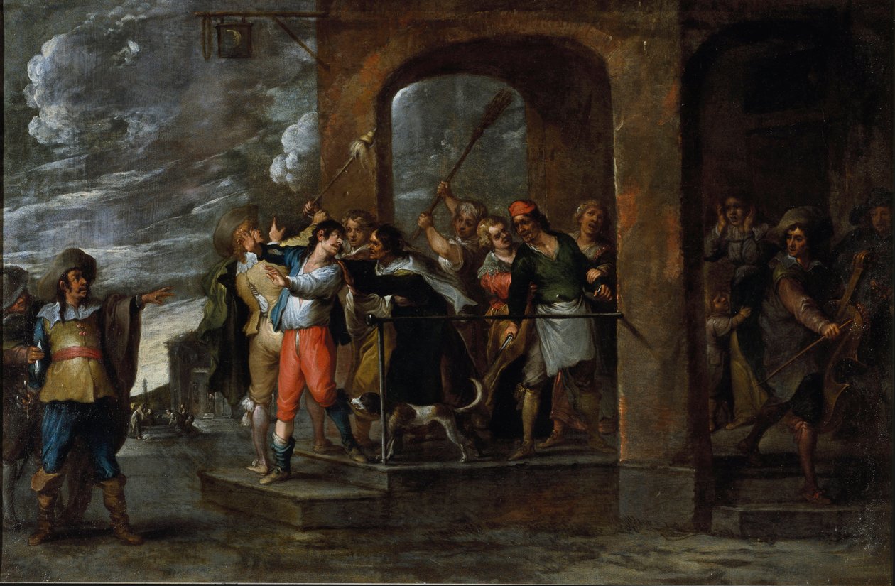 A tékozló fiú története: kiutasítás. Cornelis De Wael (1592-1667) festménye, 1630-1639 körül. flamand művészet. Olajfestmény. Mérete: 57x86 cm. Gének, Privee Collection. alkotó: Cornelis de Wael