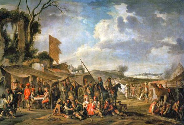 Katonai tábor néhány rom mellett alkotó: Cornelis de Wael