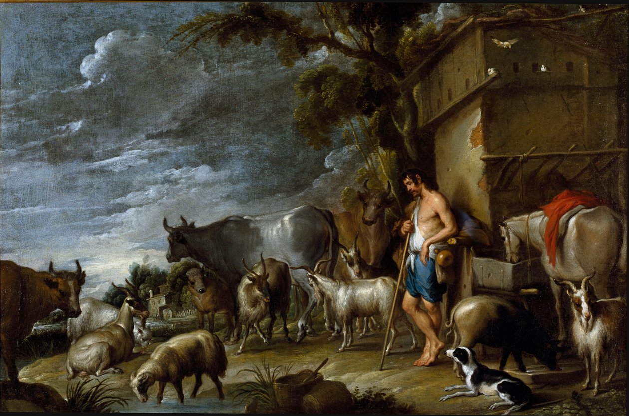 Cornelis De Wael (1592-1667) festménye, 1630-1639 körül. flamand művészet. A tékozló fiú története: a disznók őrzője. Csordatartó disznóval, harangszóval, kecskével, tehénnel, kecskével, lóval, kutyával és juhokkal. Olajfestmény. Mérete: 57x86 cm. Magángyű alkotó: Cornelis de Wael