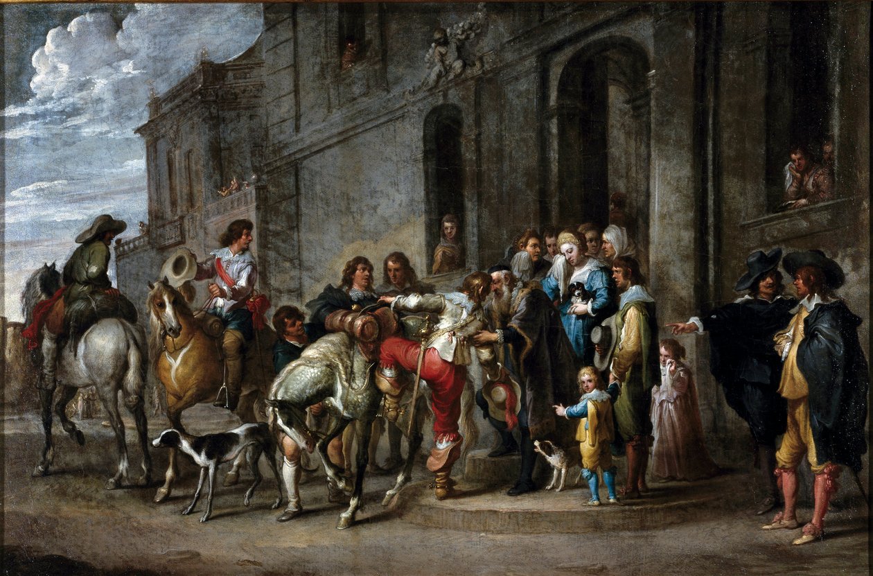 A Biblia példázata: „A tékozló fiú távozása” Cornelis De Wael (1592-1667) festménye (ec.flam.) 1630-1639 Dim. 57x86 cm Gének, magángyűjtemény alkotó: Cornelis de Wael