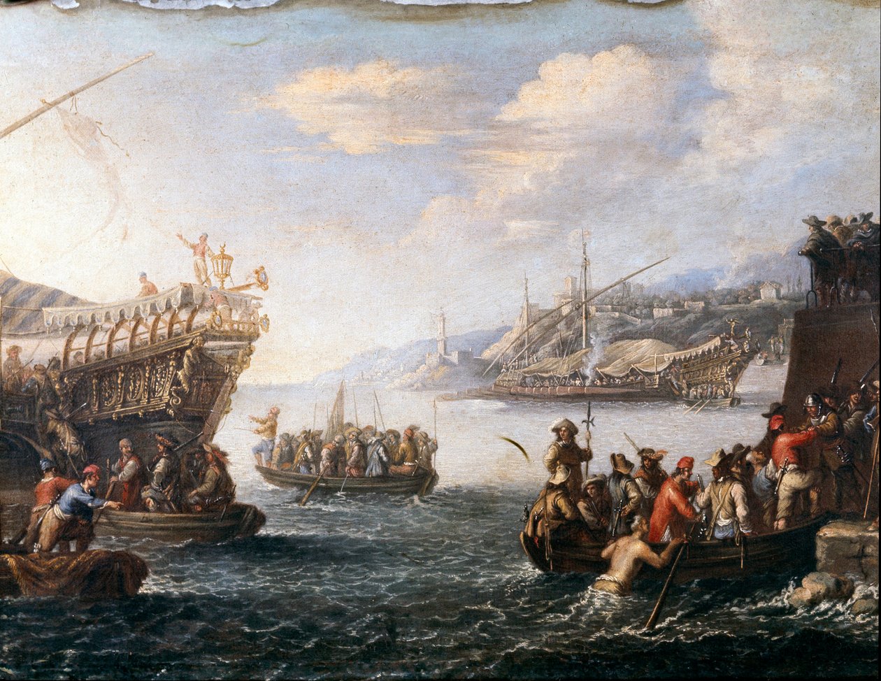 A törökök elleni harcra induló katonák Genoz kikötőjében (Festmény alkotó: Cornelis de Wael