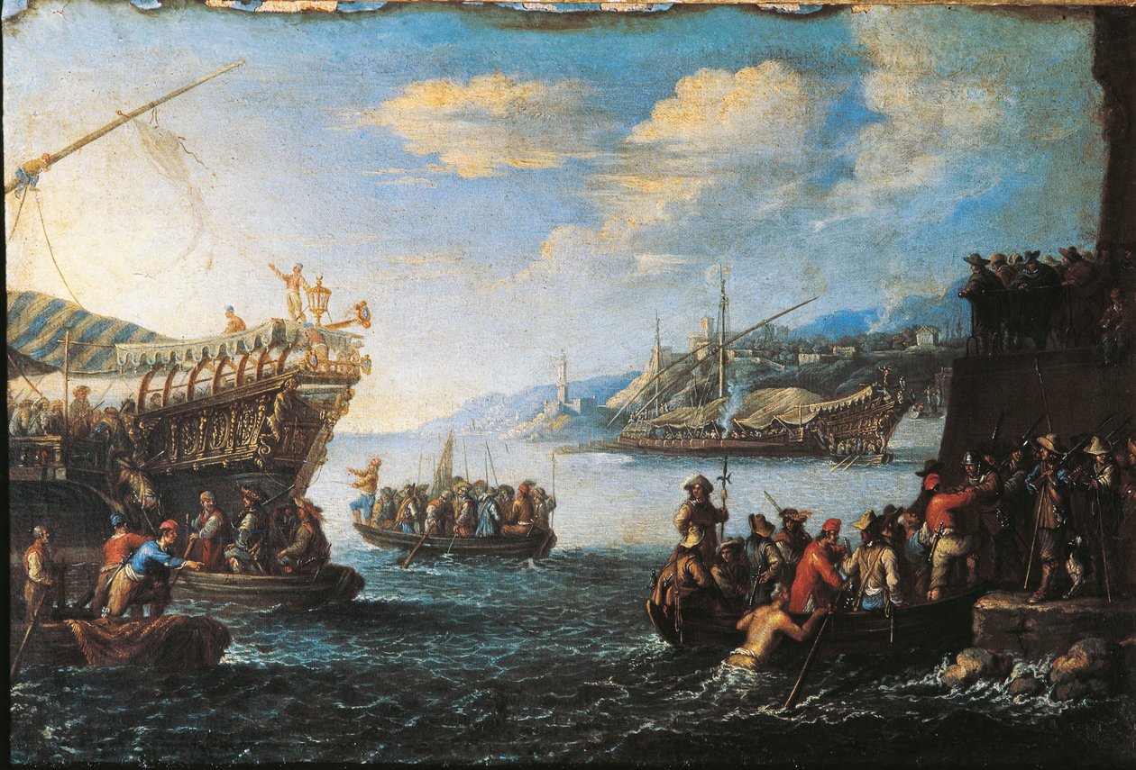 A genovai kikötőben gályára szálló csapatok alkotó: Cornelis de Wael