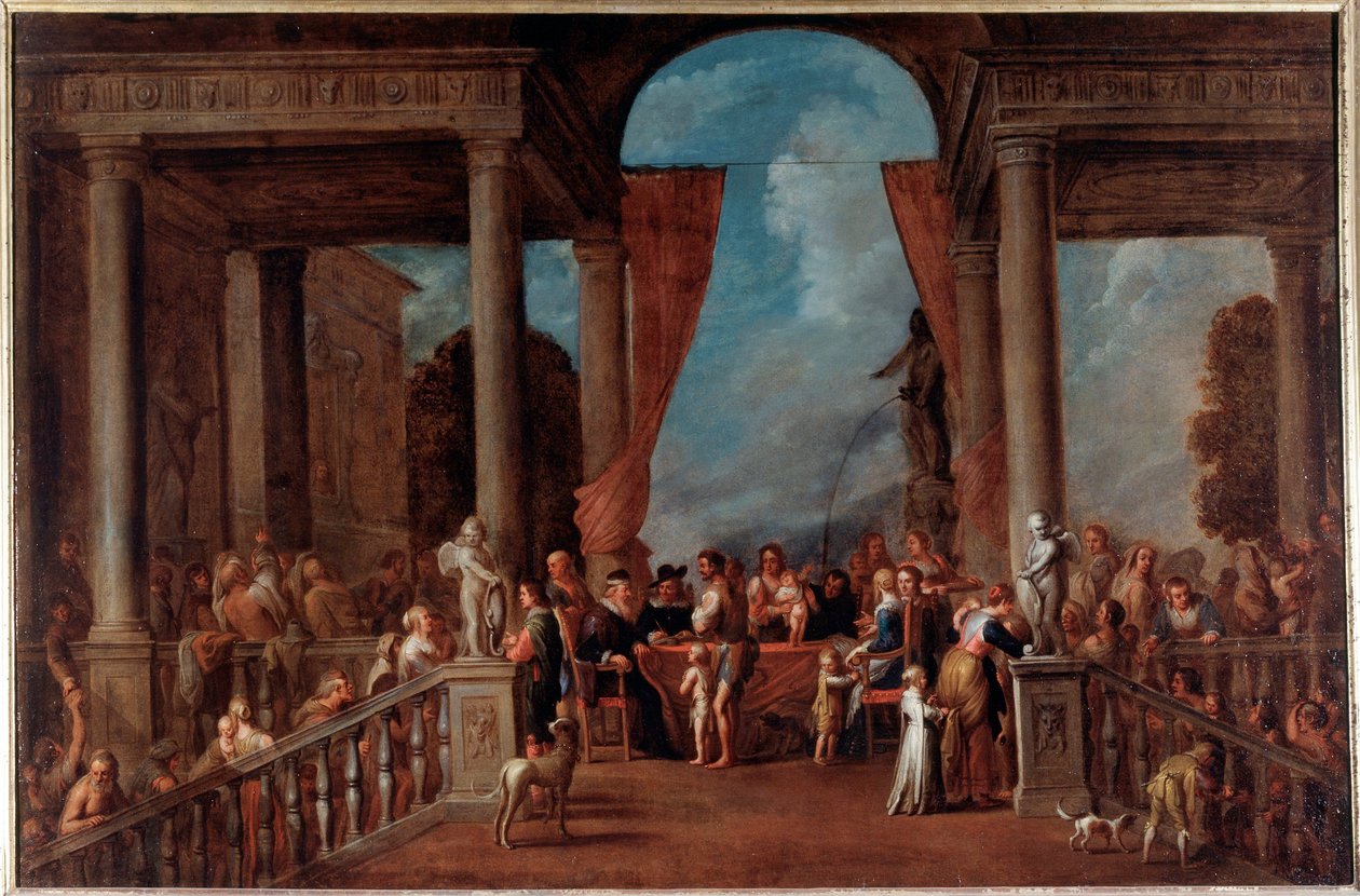 Irgalmasság művei: ruhátlant öltöztetni (Festmény alkotó: Cornelis de Wael