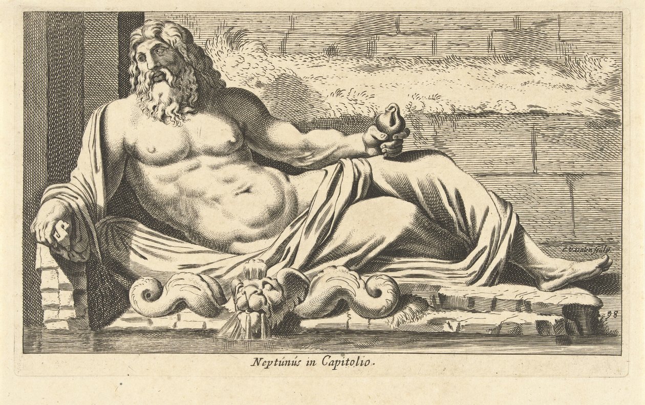 Neptun-szobor a római Capitolium szökőkútjánál Neptunusz a Capitolióban (cím az objektumon) Eigenlyke képek száz leghíresebb szoborról vagy antik szoborról, amelyek Rómában állnak (sorozat címe) alkotó: Cornelis van Dalen (I)