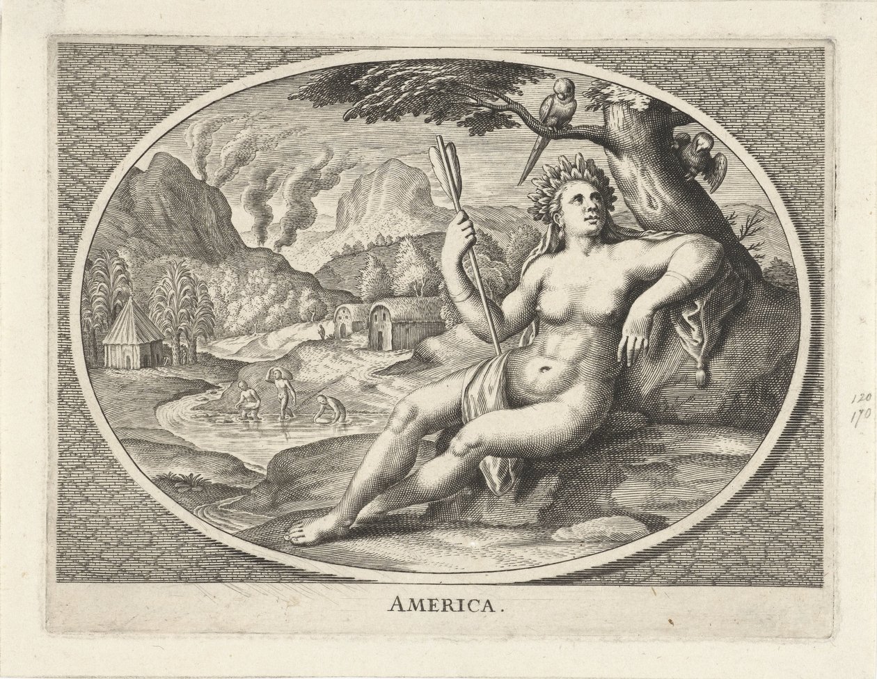 Az amerikai kontinens női megszemélyesítése nőként, tollas fejdíszben és nyíllal a tájban Amerika (cím a tárgyon) alkotó: Cornelis van Dalen (II)