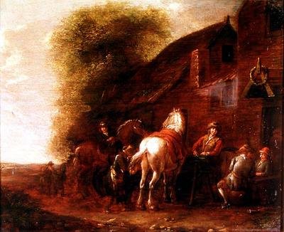 Lovasok egy falusi fogadón kívül alkotó: Cornelis van Essen