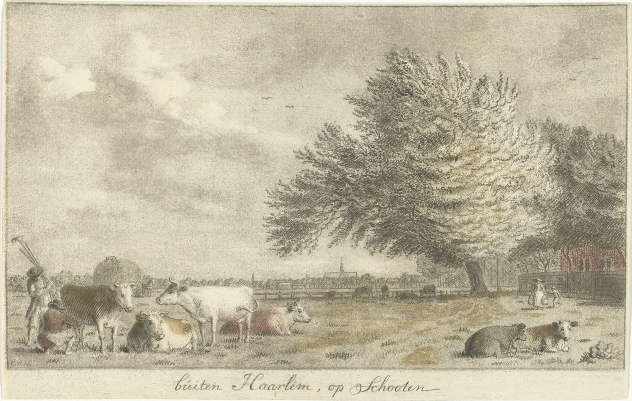 Tehenek a réten Haarlem kívül, Schooten (cím az objektumon) alkotó: Cornelis van Noorde