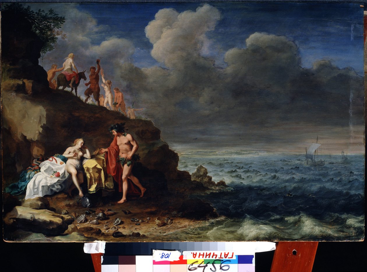 Dionüszosz és Ariadné Naxos szigetén. (Bacchus és Ariadne Naxos szigetén). Cornelis Van Poelenburgh festménye (1594/95-1667) Olaj, fa. Holland barokk stílusú művészet. Állami Szabadtéri Múzeum Pavlovsk Palota, Szentpétervár. alkotó: Cornelis van Poelenburgh