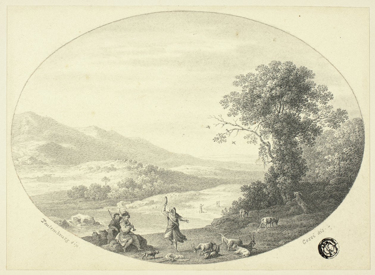 Olasz táj táncossal, zenészekkel és kecskékkel alkotó: Cornelis van Poelenburgh
