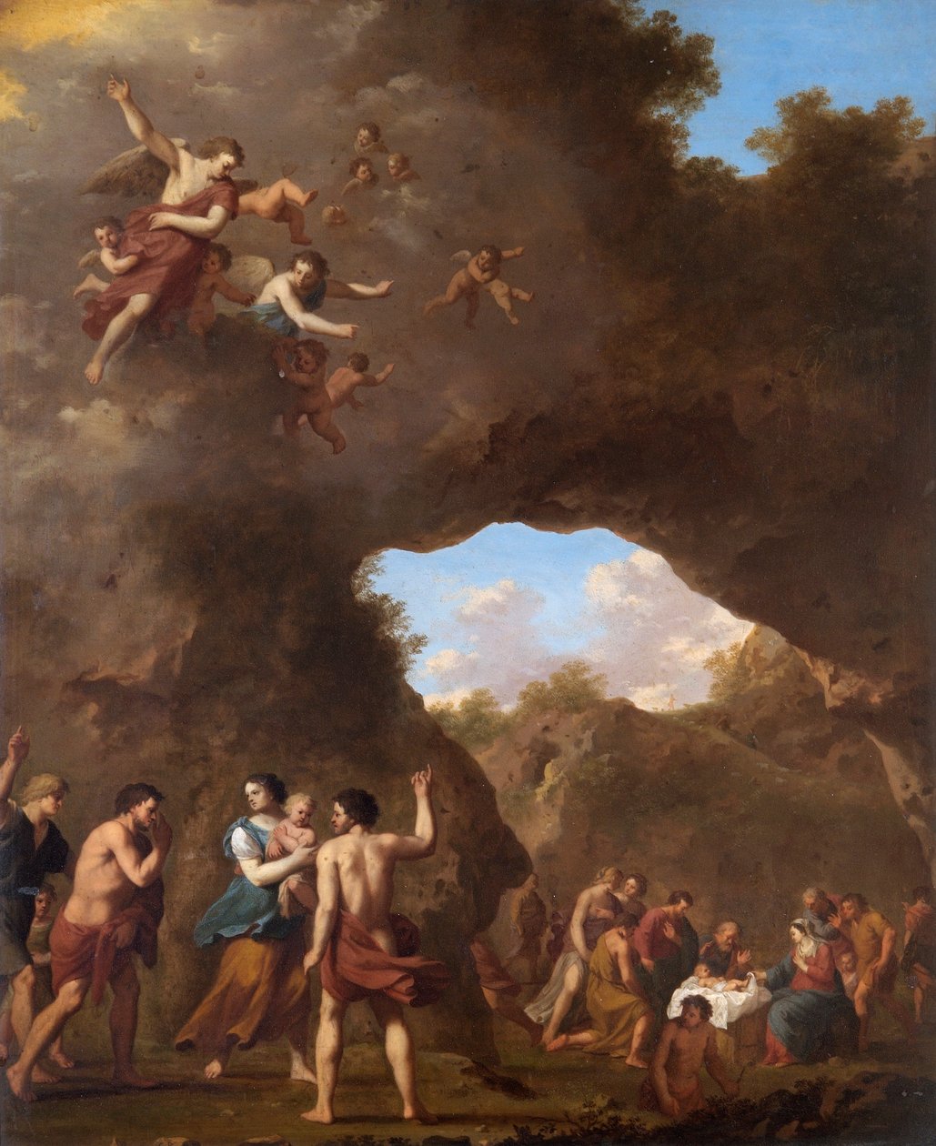 "Az angyalok, akik a pásztorokat a születéshez vezetik", 17. század alkotó: Cornelis van Poelenburgh