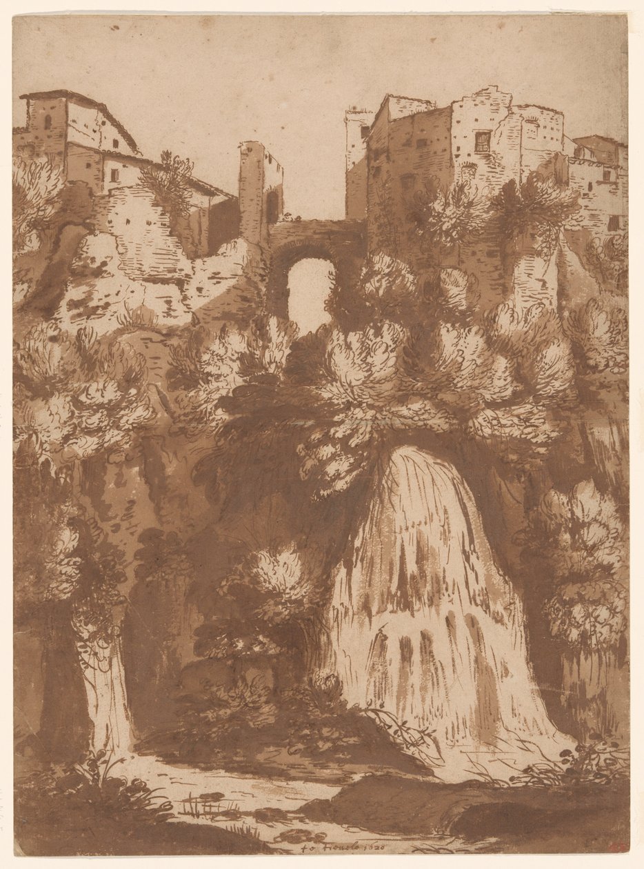 Kilátás a Tivolira az Anio-vízesés feletti híddal alkotó: Cornelis van Poelenburgh