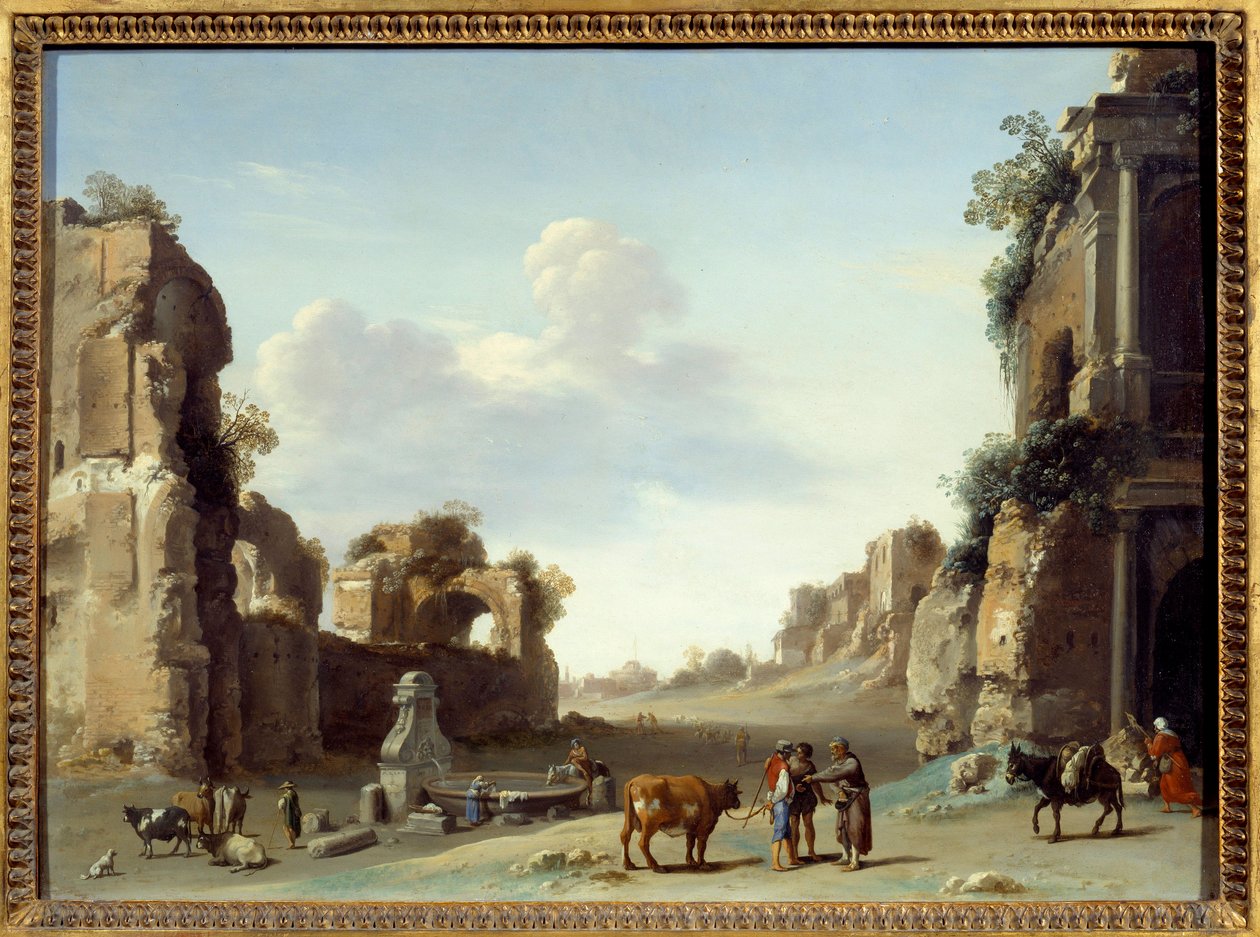 Fantasztikus kilátás a római Campo Vaccino-ra két szamárral Cornelis van Pelenburgh festménye (1596-1667) alkotó: Cornelis van Poelenburgh or Poelenburch