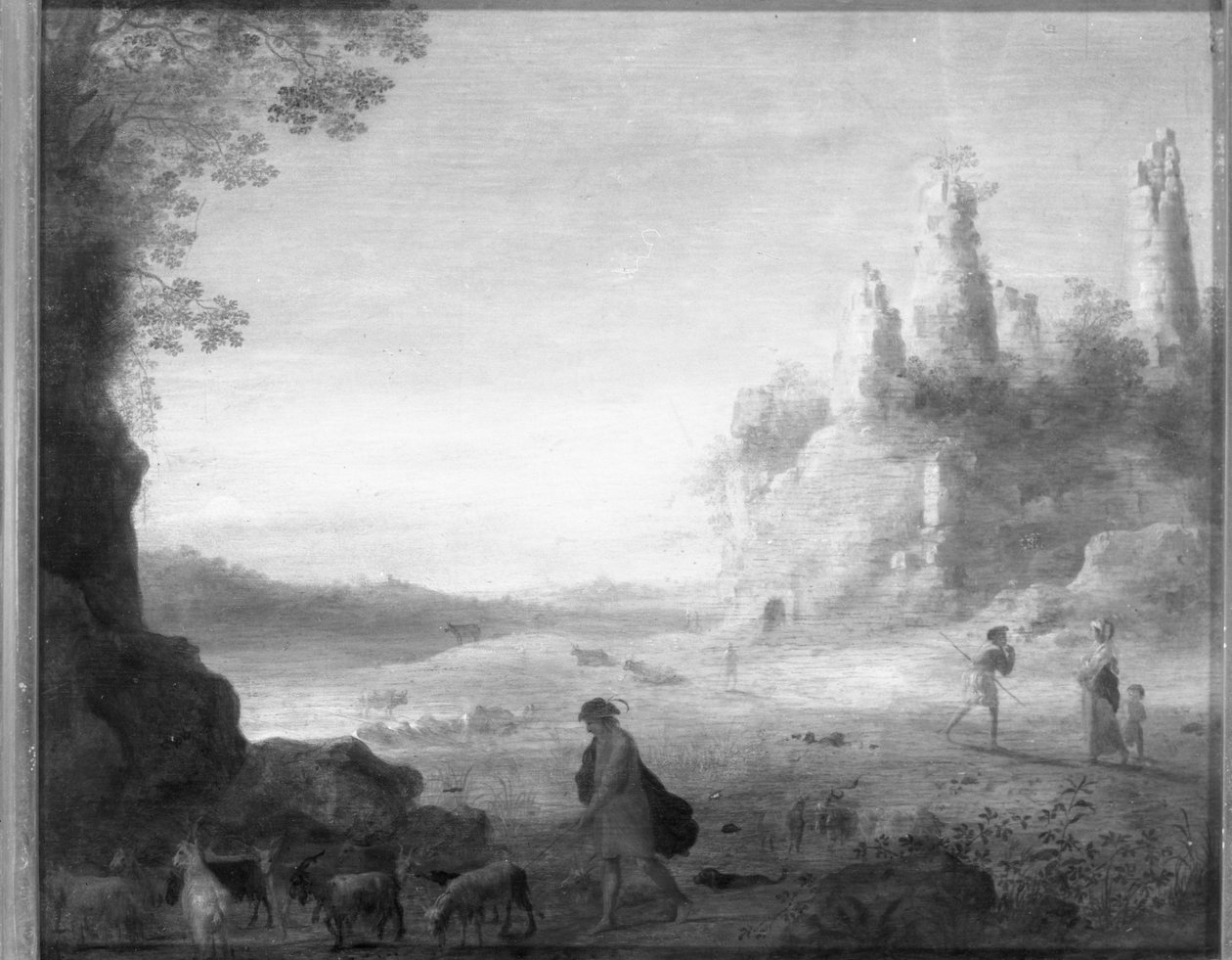 Olasz táj Dianával és Callistoval kecskepásztorral egy romos kastély közelében alkotó: Cornelis van Poelenburgh or Poelenburch