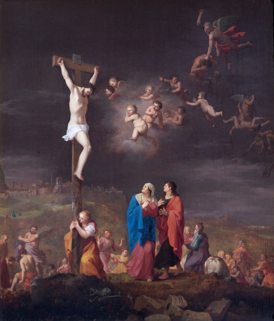 A keresztre feszítés, A lázadó angyalok bukásával (olaj tölgyfa panelen) alkotó: Cornelis van Poelenburgh or Poelenburch