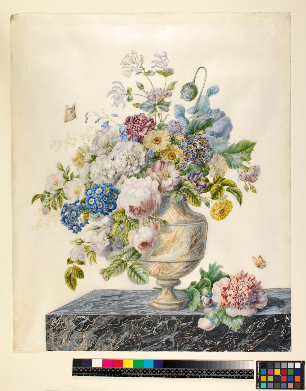 Márvány váza vegyes virágokkal egy márványpolcon, 1800 körül alkotó: Cornelis van Spaendonck