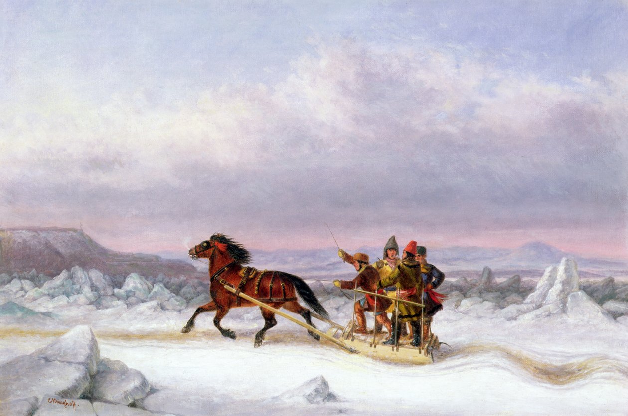 Átkelés a Szent Lőrincen Levisből Quebecbe szánon (olaj) alkotó: Cornelius Krieghoff