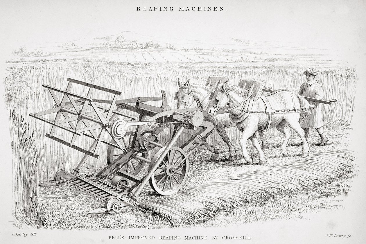 Bell továbbfejlesztett aratógépe, J. M. Lowry metszete alkotó: Cornelius Varley
