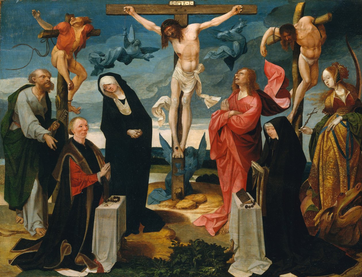 A keresztre feszítés adományozókkal és Szent Péterrel és Margittal, kb. 1525-27. alkotó: Cornelius Engebrechtsz