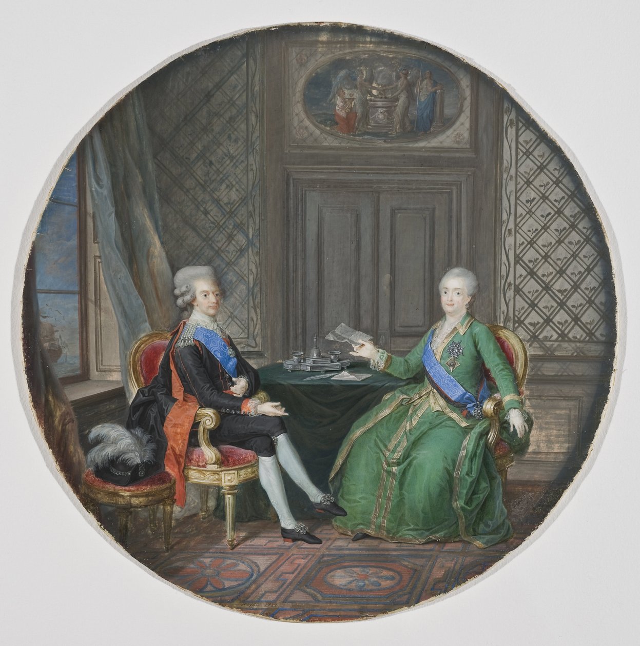 Gustave III de suède (1746-1792) és Katalin II de Russie (1729-1796) Fredrikshamnban (actuelle Hamina, Finnország) – III. Gusztáv svéd király és II. Katalin orosz Fredrikshamnban, Hoyer, Cornelius (1741-1804) által . Akvarell pergamenre alkotó: Cornelius Hoyer