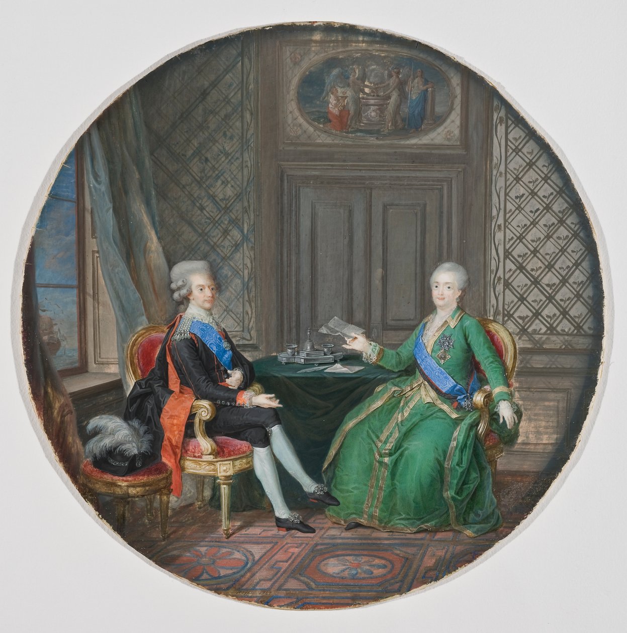 Gustavus király és II. Katalin orosz király Fredrikshamnban 1783 (akvarell pergamenen) alkotó: Cornelius Hoyer