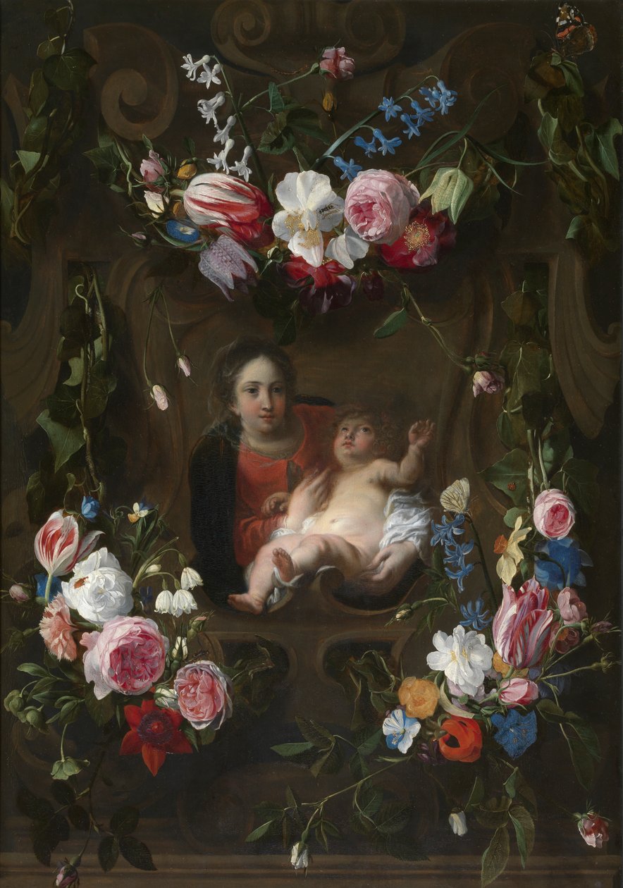 Madonna virágfüzérrel körülvéve (olaj a panelen) alkotó: Cornelius I Schut