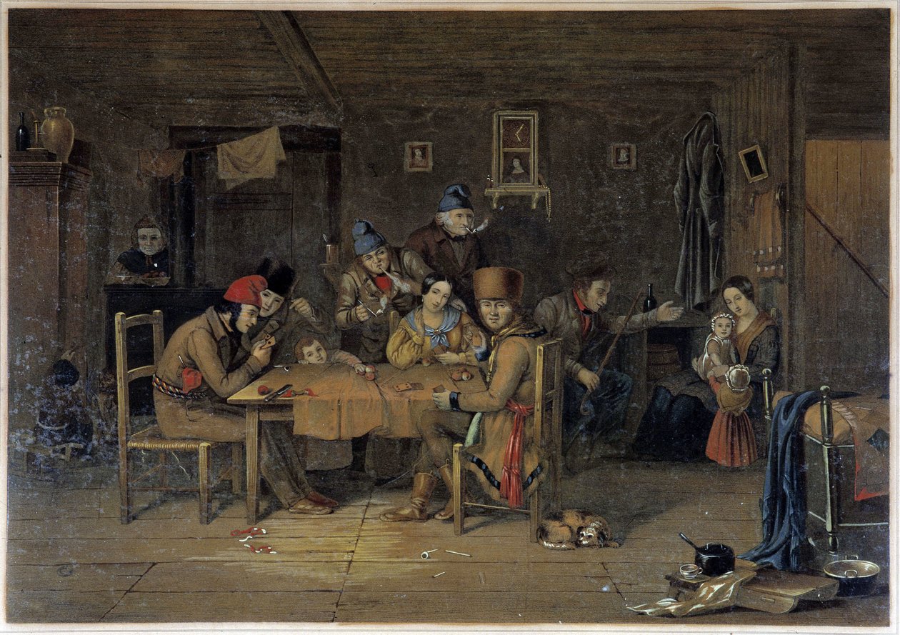Francia telepesek Kanadában kártyáznak - Krieghoff festménye alkotó: Cornelius Krieghoff