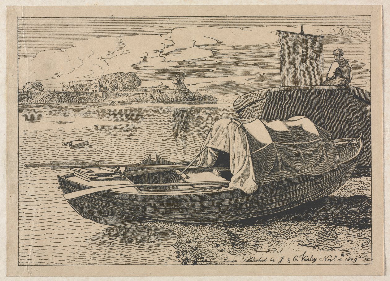 Csónakok a folyón, szélmalom a távolban, 1809. alkotó: Cornelius Varley