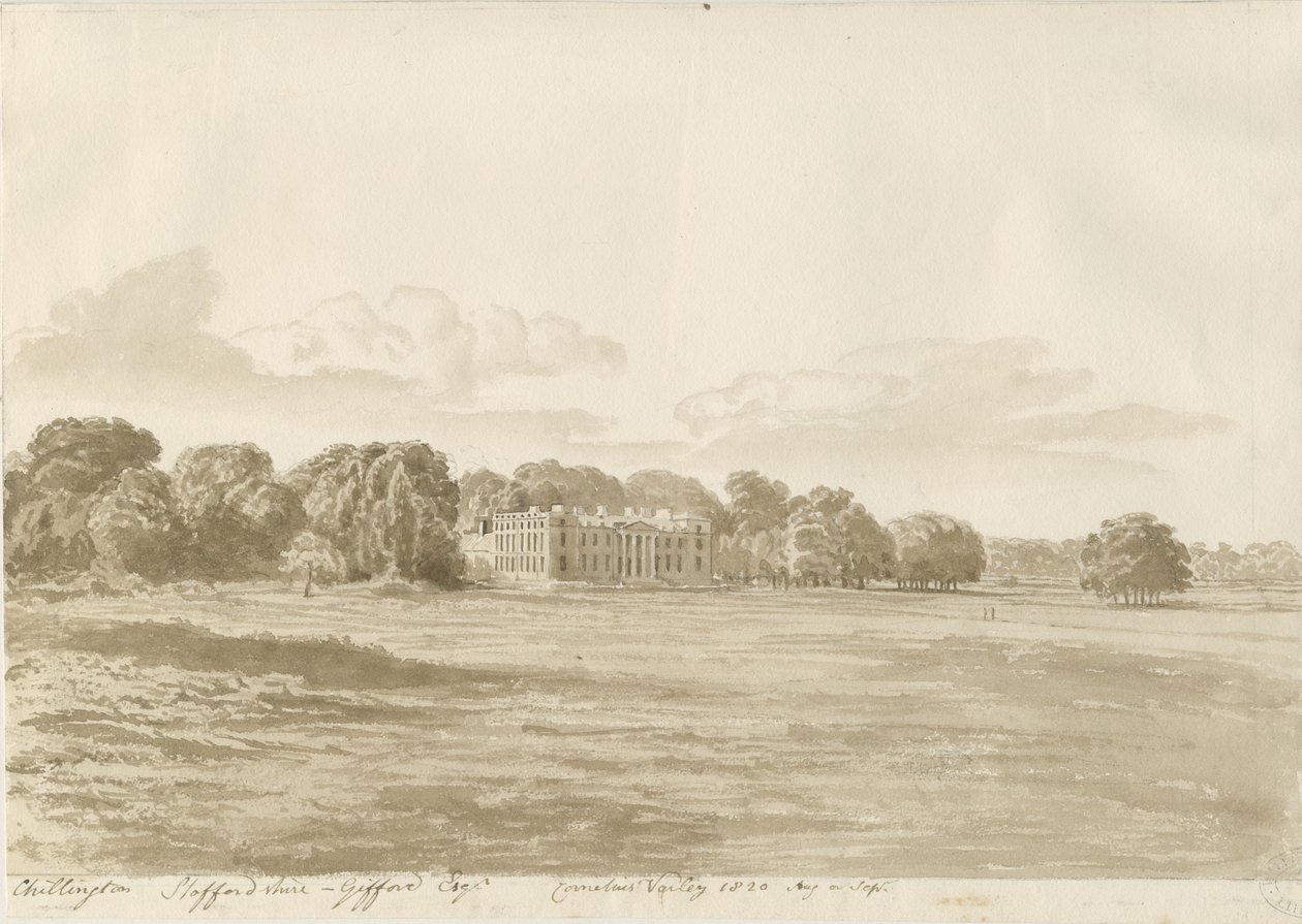 Chillington Hall: szépia rajz alkotó: Cornelius Varley