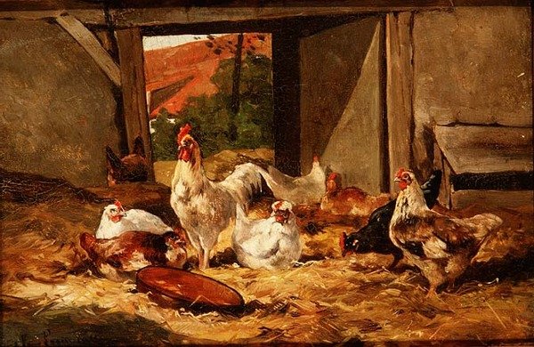 Csirkék az istállóban (egy pár) alkotó: Cornelius van Leeputten