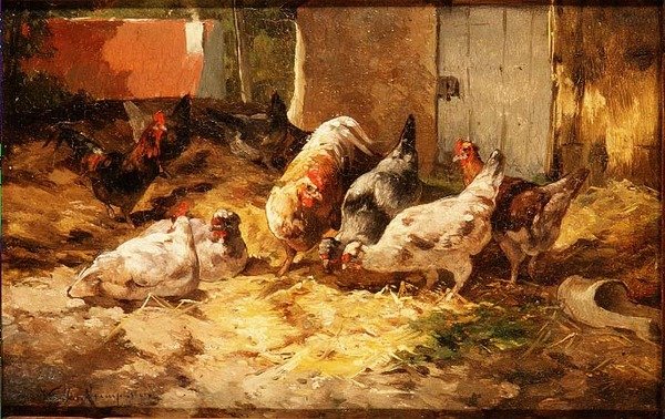 Csirkék az istállóban (egy pár) alkotó: Cornelius van Leeputten