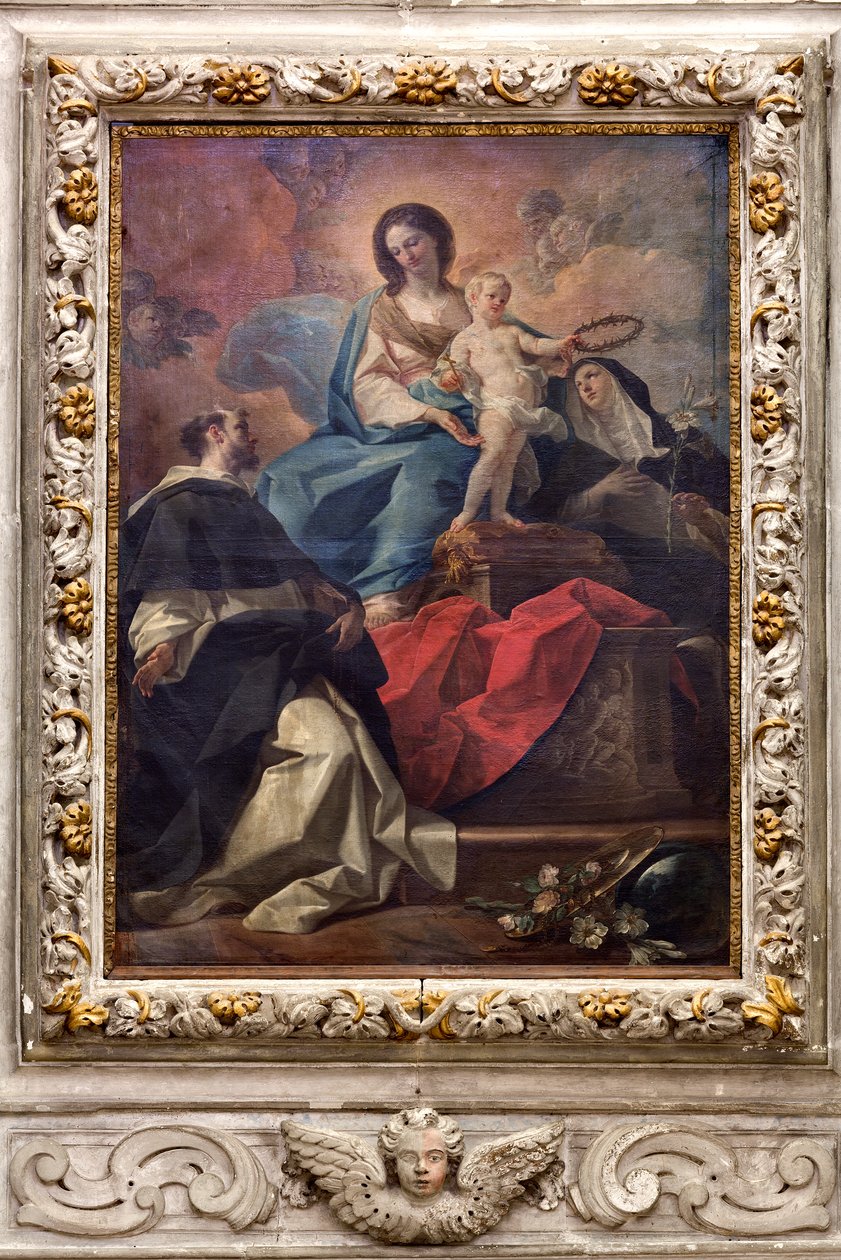 SS Salvatore templom, belső tér, Rózsafüzér oltár, Rózsafüzér Miasszonyunk, Corrado Giaquinto (1703-1766) vászna, Poggiardo, Lecce, Puglia (fotó). alkotó: Corrado Giaquinto