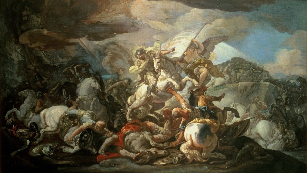 A legendás clavijoi csata, amelyben I. Ramiro asztúriai király (791-850) Szent Jakab apostol segítségével 845-ben legyőzte a muszlimokat, vázlat a madridi királyi palota kupolájában található festmény után (olaj, vászon) alkotó: Corrado Giaquinto