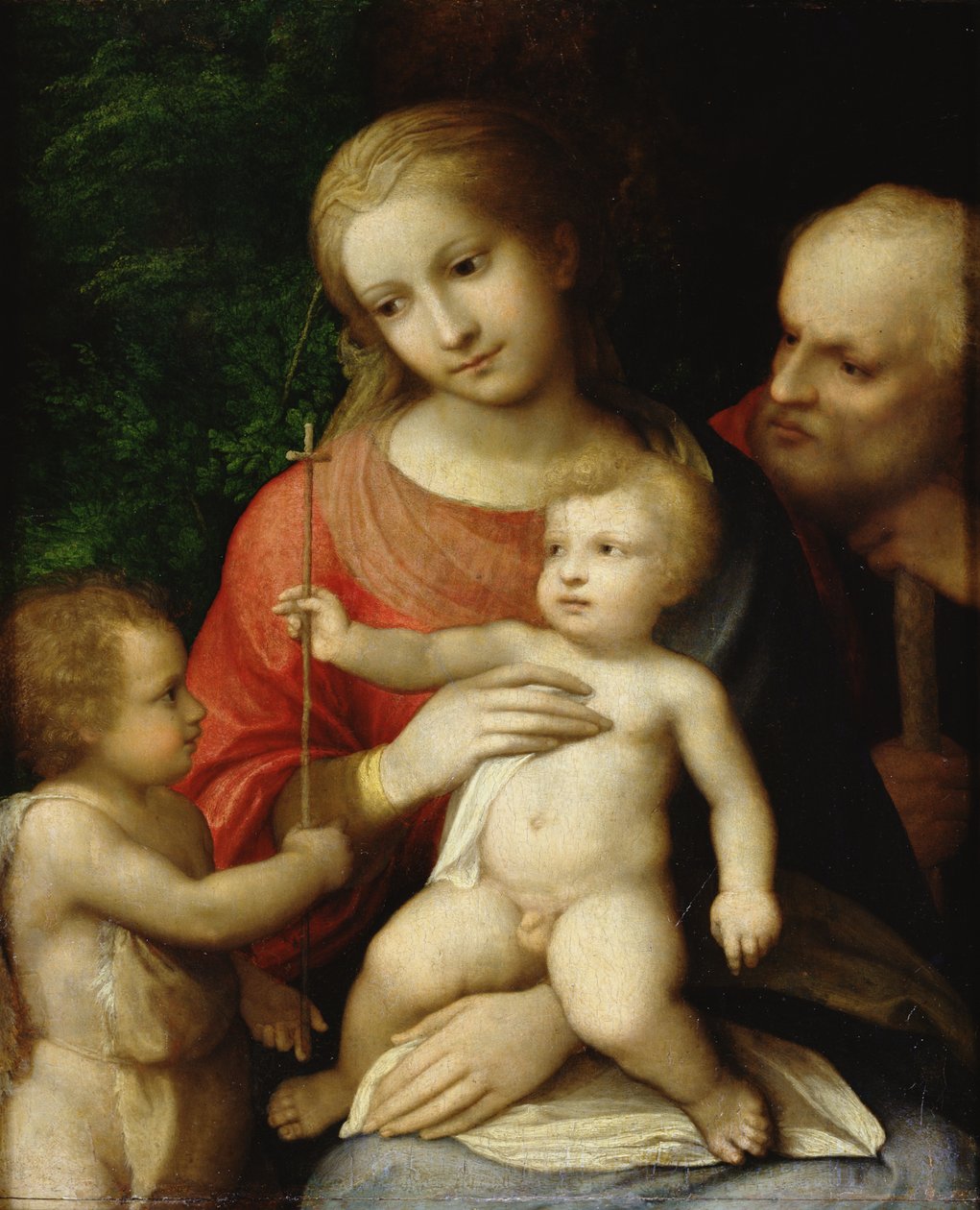 A Szűzanya és gyermeke Keresztelő Szent Jánossal és Szent Józseffel körülvéve, 1517 (olaj, fa) alkotó: Antonio da Correggio