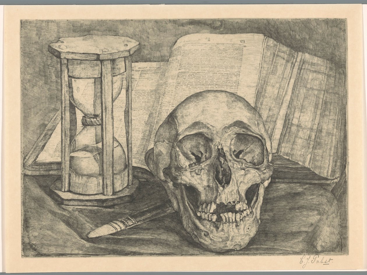 Csendélet koponyával, homokórával, könyvvel és késsel alkotó: Corrie Pabst (signed by artist)