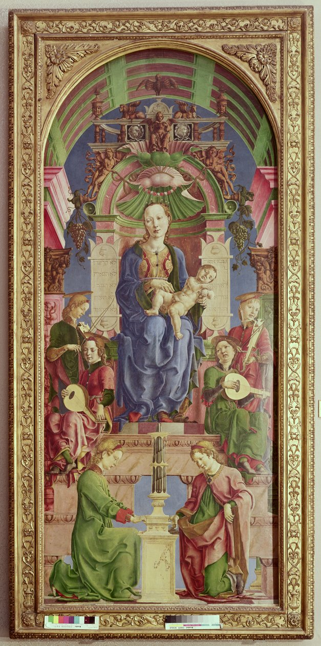 A szűz és a gyermek trónolt, 1470-es évek közepe (olaj és tojás temperán a nyárfán) alkotó: Cosimo Tura