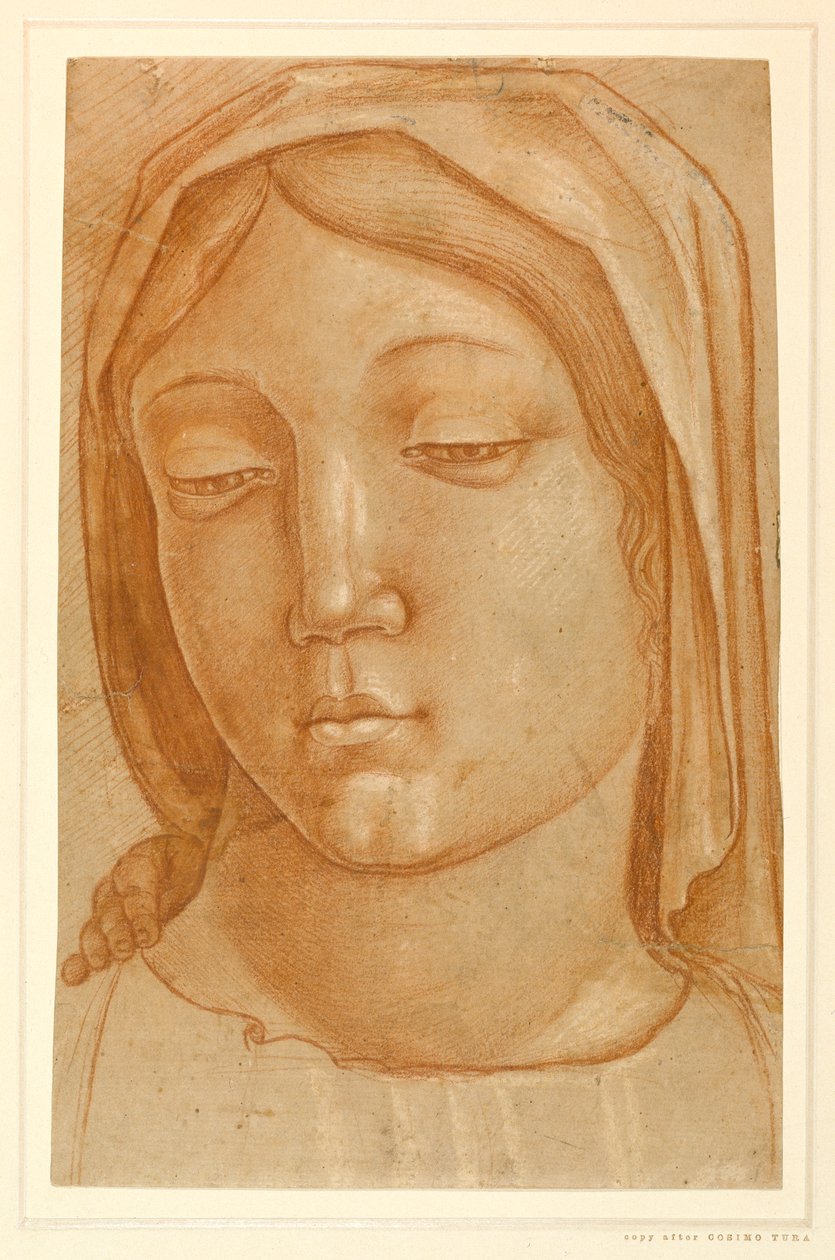 Szűzanya feje, jobb vállán a gyermek kéz ujjaival (piros kréta papíron) alkotó: Cosimo (after) Tura