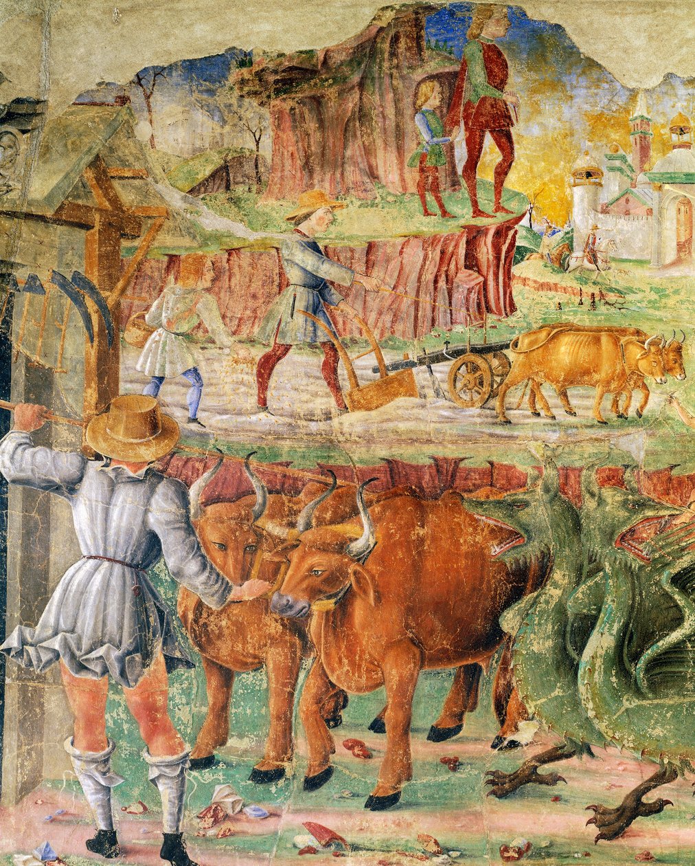 Mezőgazdasági kép, részlet a Ceres diadala, jelenet augusztus hónapból, kb. 1470, Cosimo Turának és Ercole mesterének tulajdonítva, freskó, északi fal, Hónapok terme, Palazzo Schifanoia (Öröm palotája), Ferrara, Emilia- Romagna. Olaszország alkotó: Cosimo (attr. to) Tura