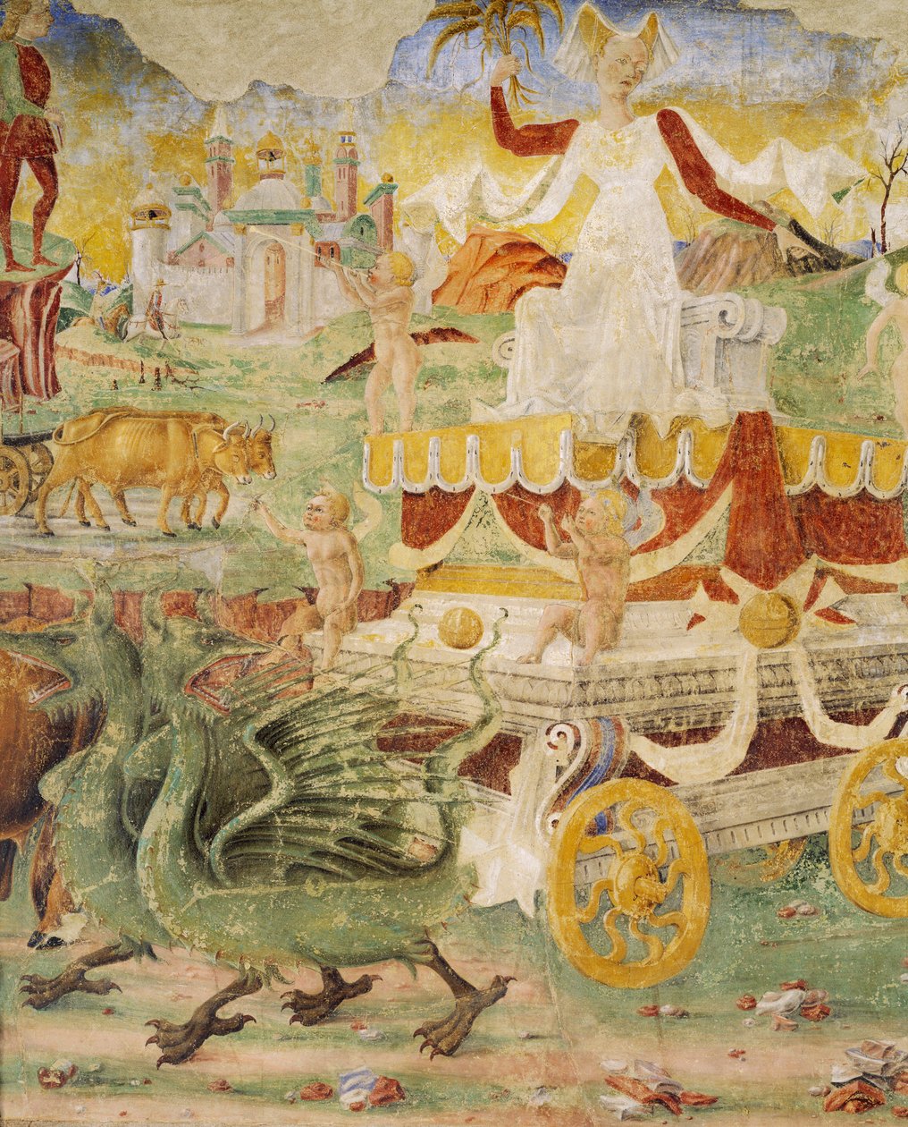 Ceres sárkányok által vontatta szekere, részlet a Ceres diadala című filmből, augusztusi jelenet, Cosimo Turának (kb. 1430-1495) és Ercole mesterének tulajdonítva, freskó, északi fal, Hónapok csarnoka, Palazzo Schifanoia (Öröm palotája) , Ferrara, Olaszors alkotó: Cosimo (attr. to) Tura