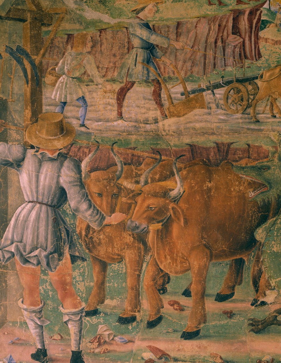 Vidéki képek, részlet a Ceres diadala című filmből, augusztusi jelenet, Cosimo Turának (kb. 1430-1495) és Ercole mesterének tulajdonítva, freskó, északi fal, Hónapok csarnoka, Palazzo Schifanoia (Öröm palotája), Ferrara Olaszország, 1470 körül alkotó: Cosimo (attr. to) Tura