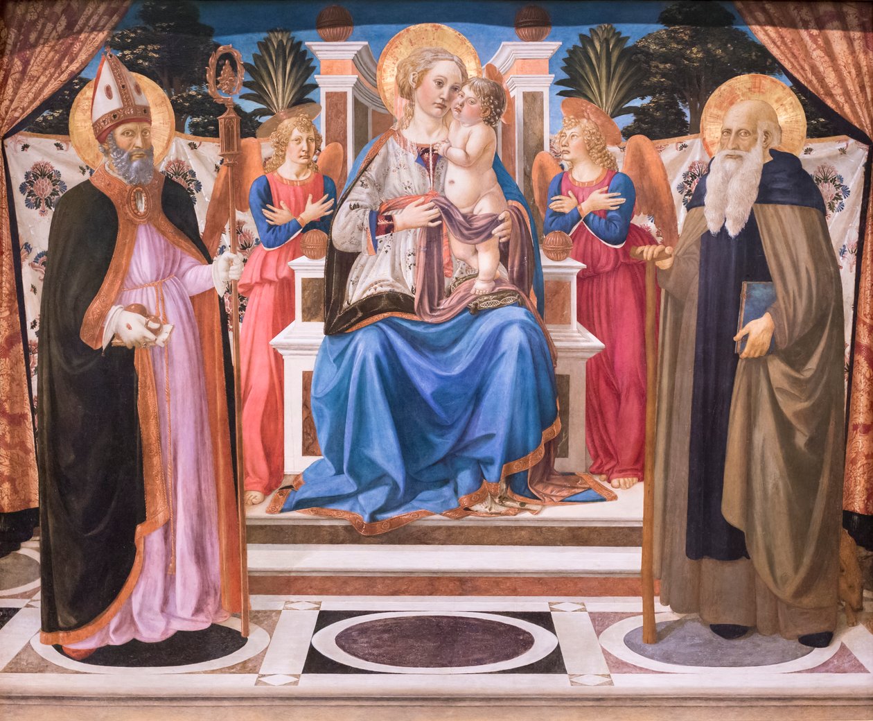 Madonna és gyermeke az angyalokkal trónol, Szent Miklós és Szent Antal apát alkotó: Cosimo Rosselli