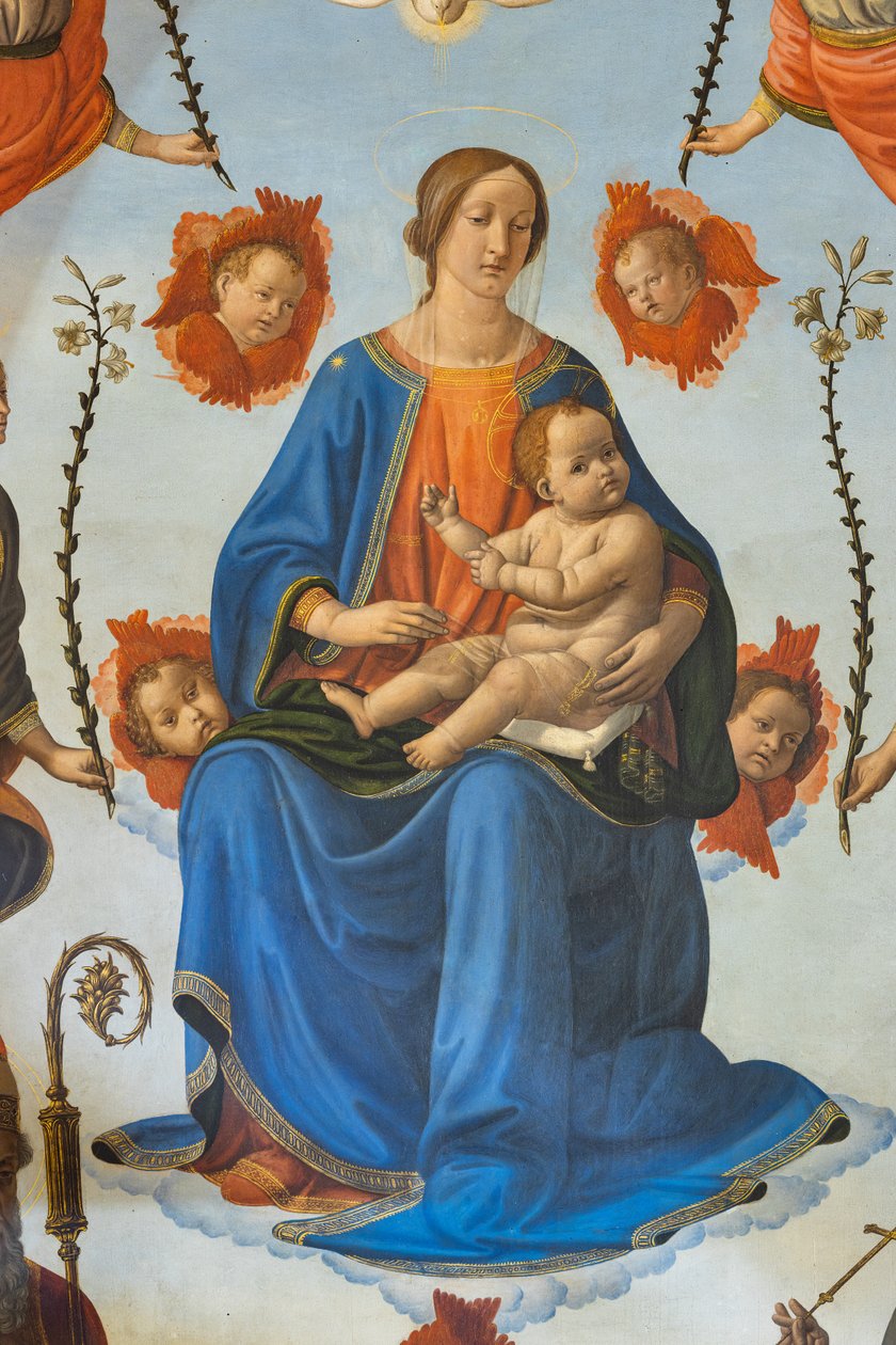 Madonna gyermekével dicsőségben, Szent Ambrus, Assisi Szent Ferenc, Atyaisten és angyalok, Oltárkép, részlet (freskó) alkotó: Cosimo Rosselli