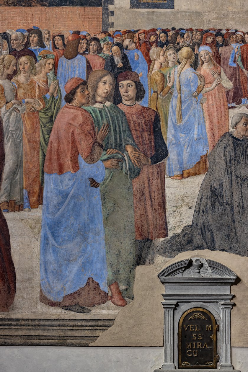 A neoplatonikus humanisták csoportja (balról Marsilio Ficino, Giovanni Pico della Mirandola és Agnolo Poliziano): részlet a Szentség csodájából, freskó (freskó) alkotó: Cosimo Rosselli