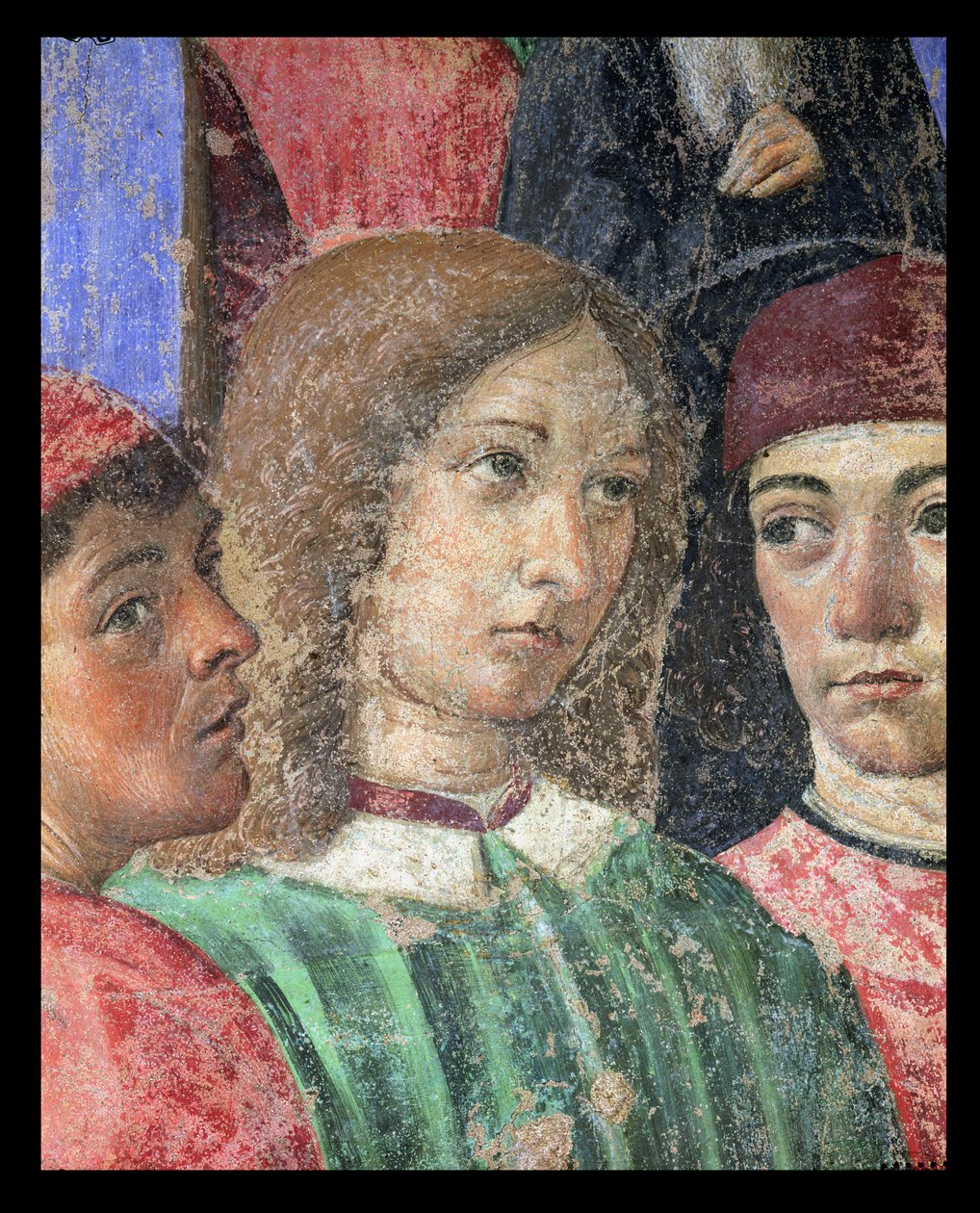 Püspöki körmenet a S. Ambrogio templom előtt, Poliziano 1454-94 Pico della Mirandola 1463-94 és Marsilio Ficino 1433-99 1468 freskója alkotó: Cosimo Rosselli
