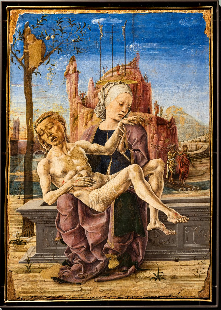 Siralom, Cosmé Tura, 1460 körül. A festmény bal felső részén egy almafa ágaiba kapaszkodó majom látható. Ez egy utalás a Jó és a Rossz fájára, valamint az Ördög kísértésére a földi Paradicsomban. alkotó: Cosimo Tura